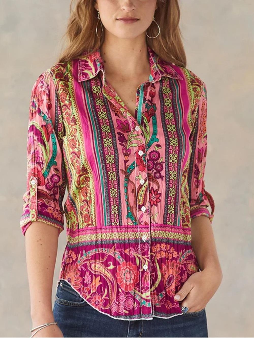Cino Crinkle Cotton Paisley Blouse Floral Stripe Button-Up ShirtSize XS